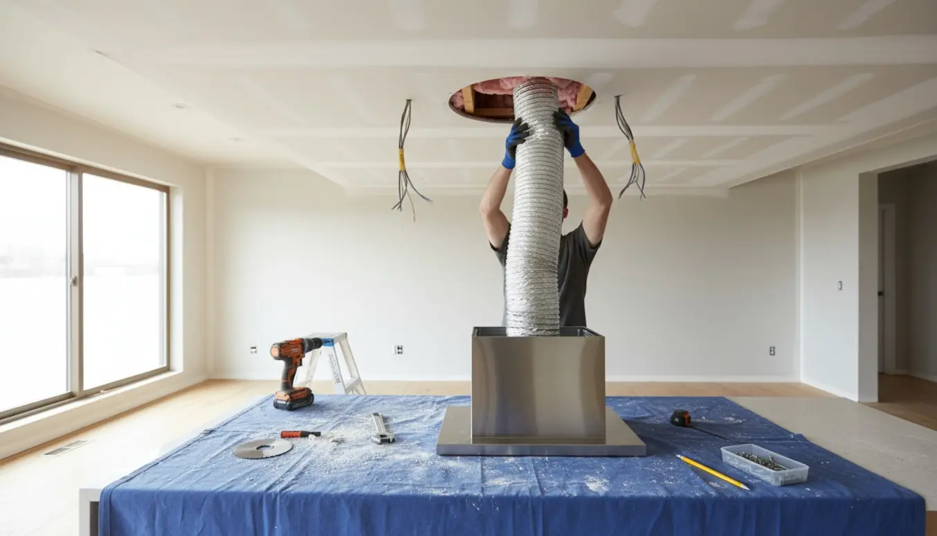 Nyskåret hul i loftet til emhætte, med fleksibel aftræksrør på vej igennem og emhætte klar på køkkenbordet.