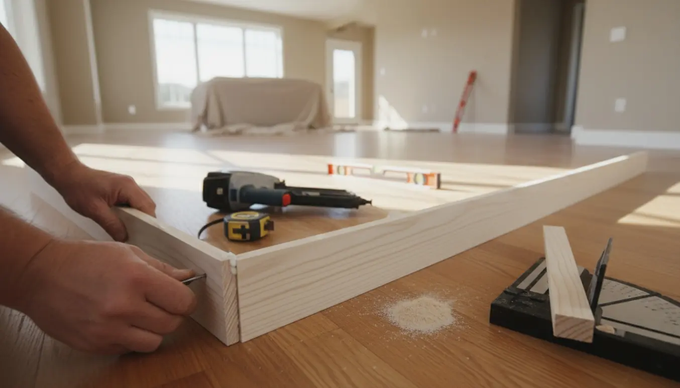Nærbillede af montering af fodpaneler i en lys stue med værktøj og tilskårne paneler på gulvet.