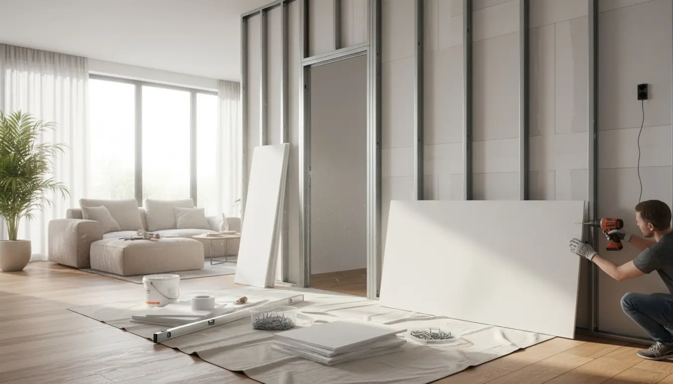 Halvfærdig skillevæg i stuen med stålregler og gipsplader, værktøj og hænder i arbejde.