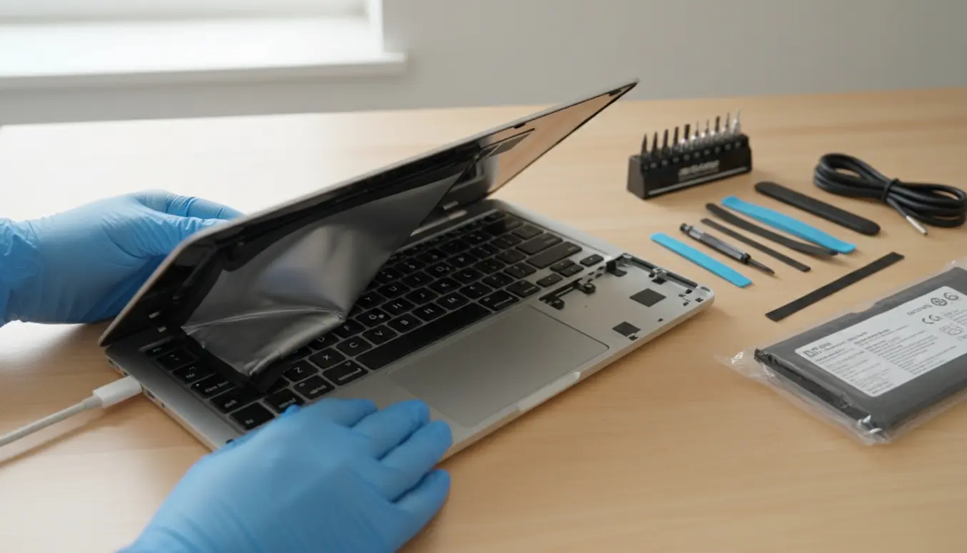 Åben MacBook Air med udspilet batteri på et bord og gummihandsker og reparationsværktøj ved siden af.