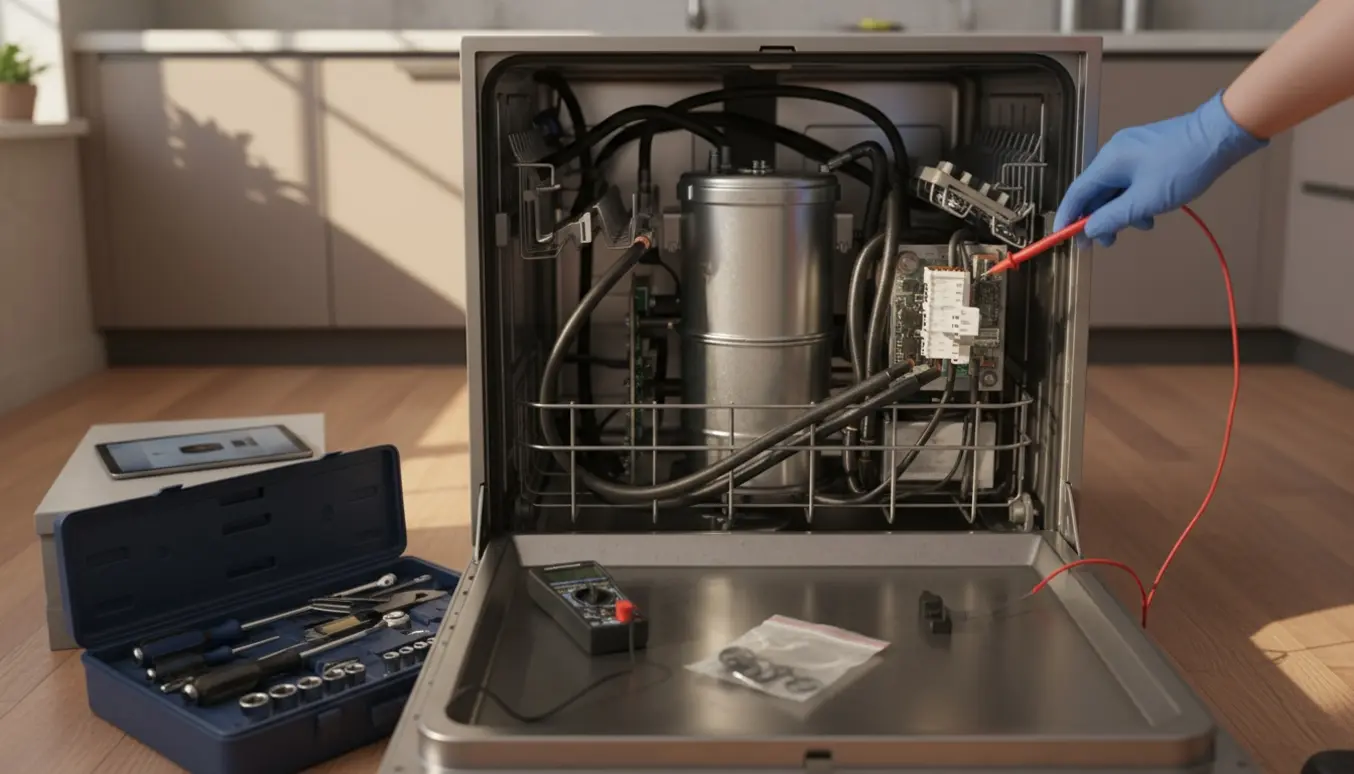 Åben indbygget opvaskemaskine med bundpanel fjernet, handsker, multimeter og værktøj klar til reparation af varmepumpen.