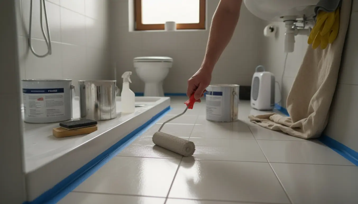 Nærbillede af en rulle, der maler fliser i et lille vådrums-badeværelse med malerbøtter og forberedende værktøj.