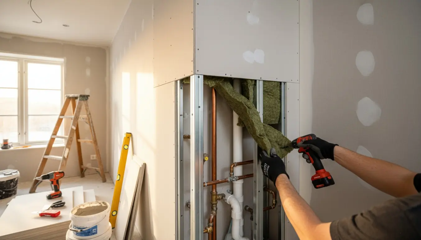 Gipskasser omkring rør ved loft og væg, med åben lodret del hvor lugtisolerende materiale indsættes.