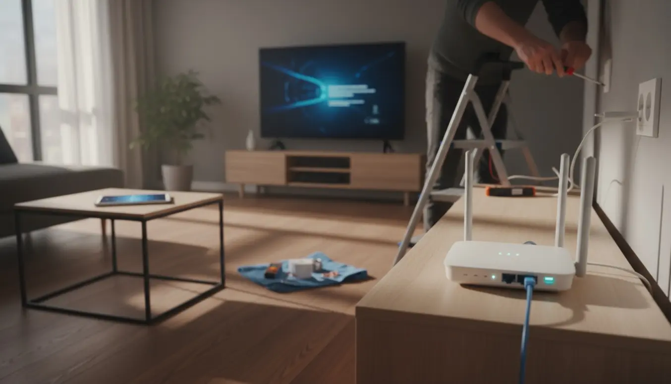 Hænder forbinder en ny router til et TV og udskifter en stikkontakt i en lys stue.