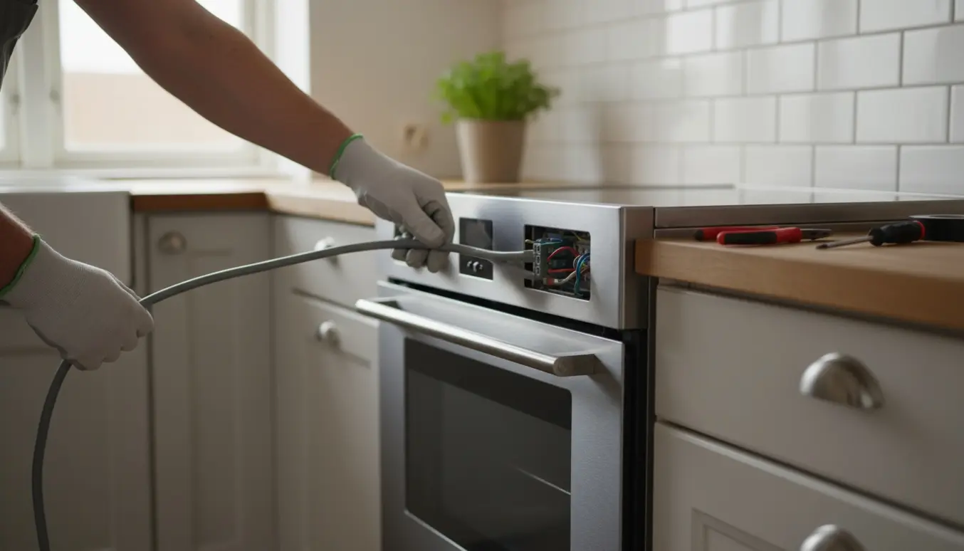Hænder tilslutter strømforsyningskabel til nyt rustfrit ovn/komfur i et lyst skandinavisk køkken.