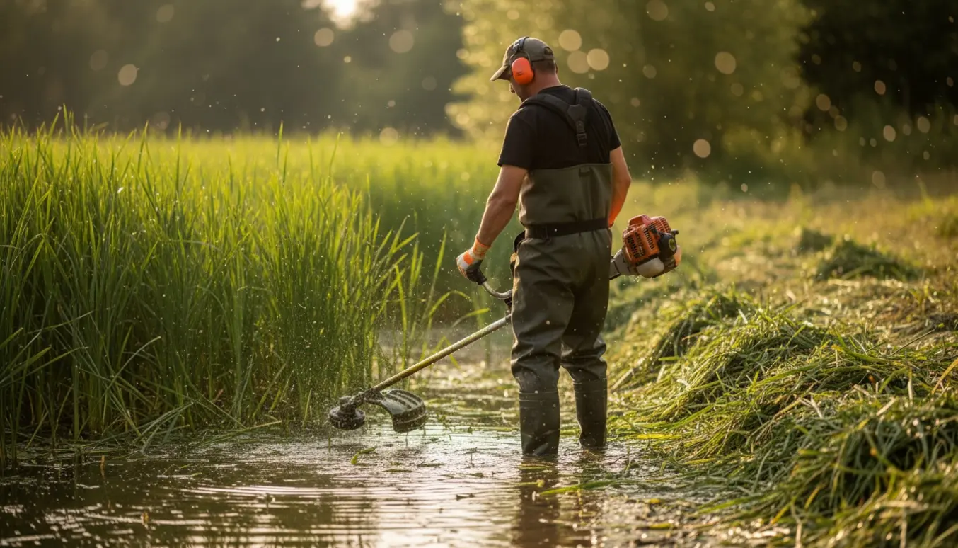 Person klipper siv langs lavt vand med en buskrydder, mens afklippede stængler flyder ved bredden.