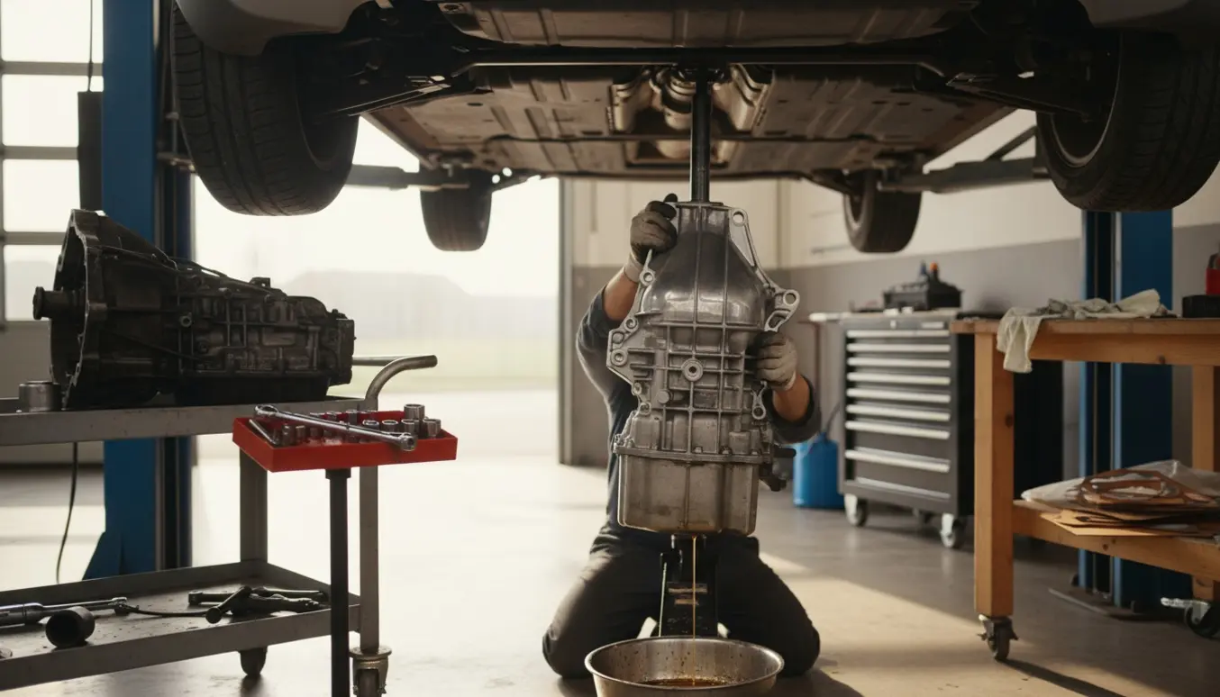 Mekaniker fører en ny gearkasse på plads under en kompakt hatchback i et lyst autoværksted.