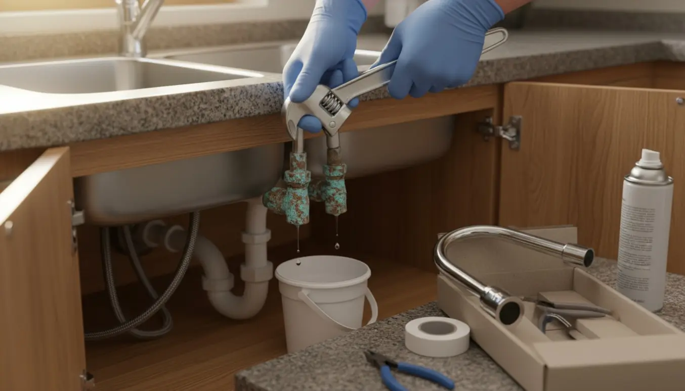 Åben køkkenskab med en hånd, der bruger skruenøgle på korroderet ballofixventil, nyt krom étgrebsarmatur ligger klar på bordet.