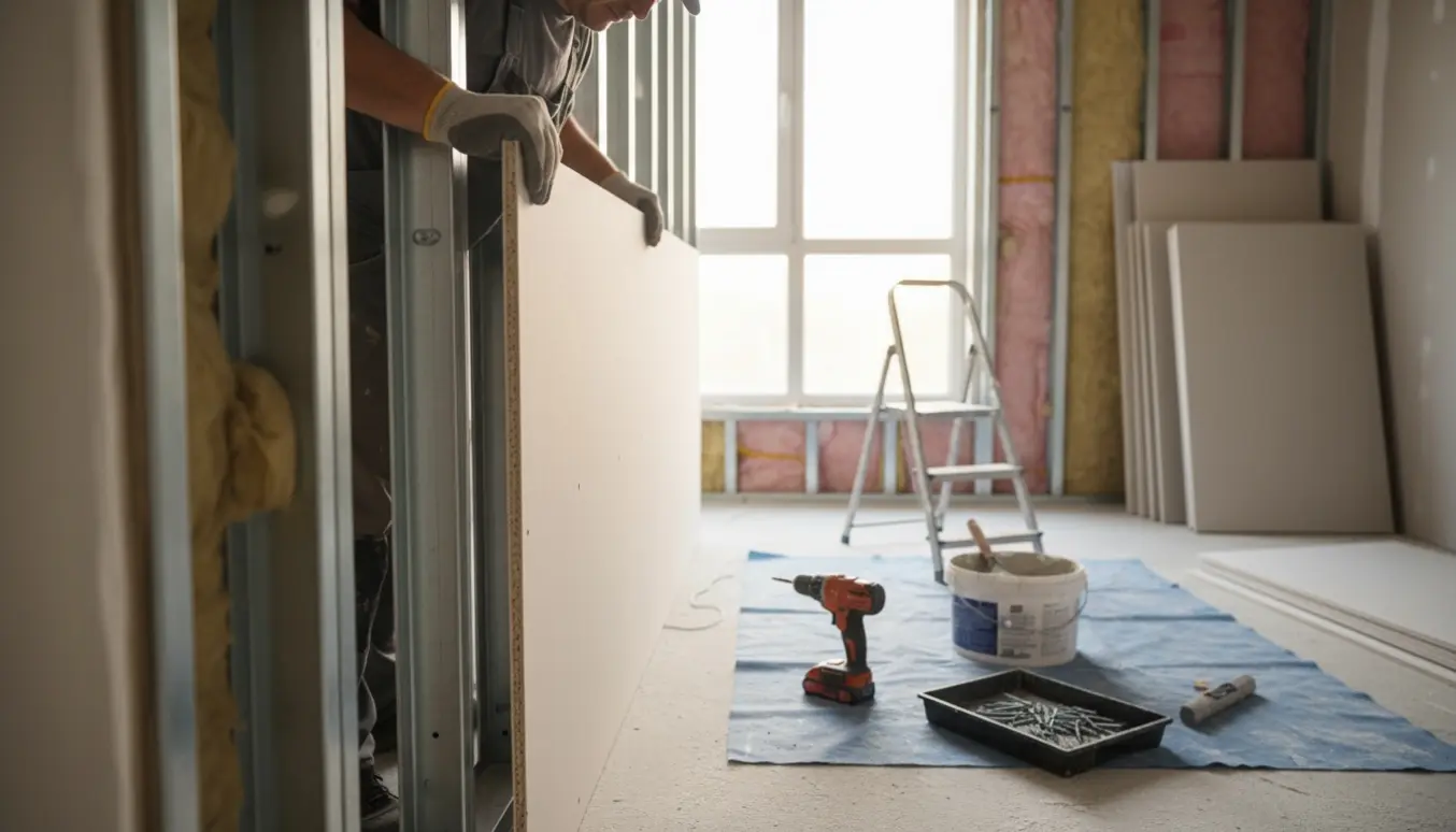 Et lille rum under opsætning af gipsplader med stakke plader og en håndværker, der justerer en plade.