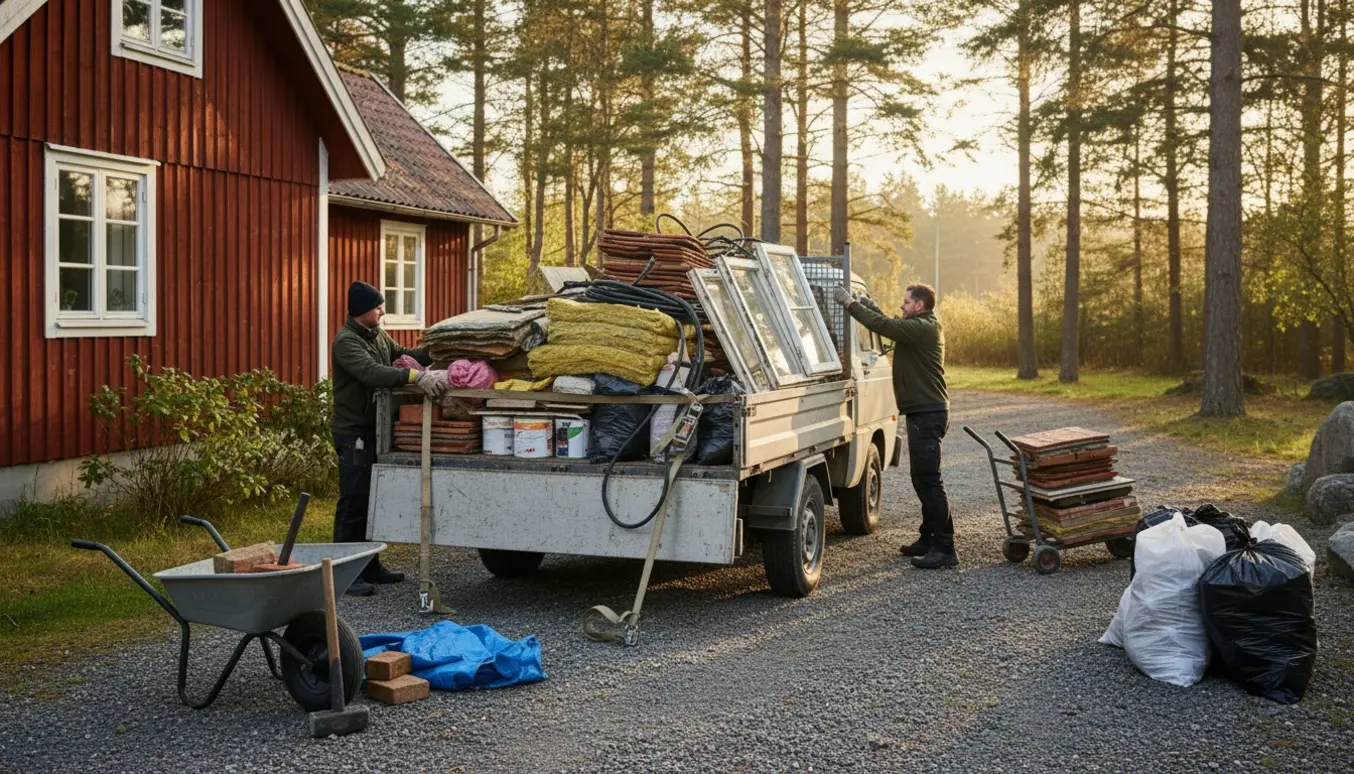 Trailer og pickup læsset med byggeaffald foran et rødt sommerhus med værktøj i forgrunden.