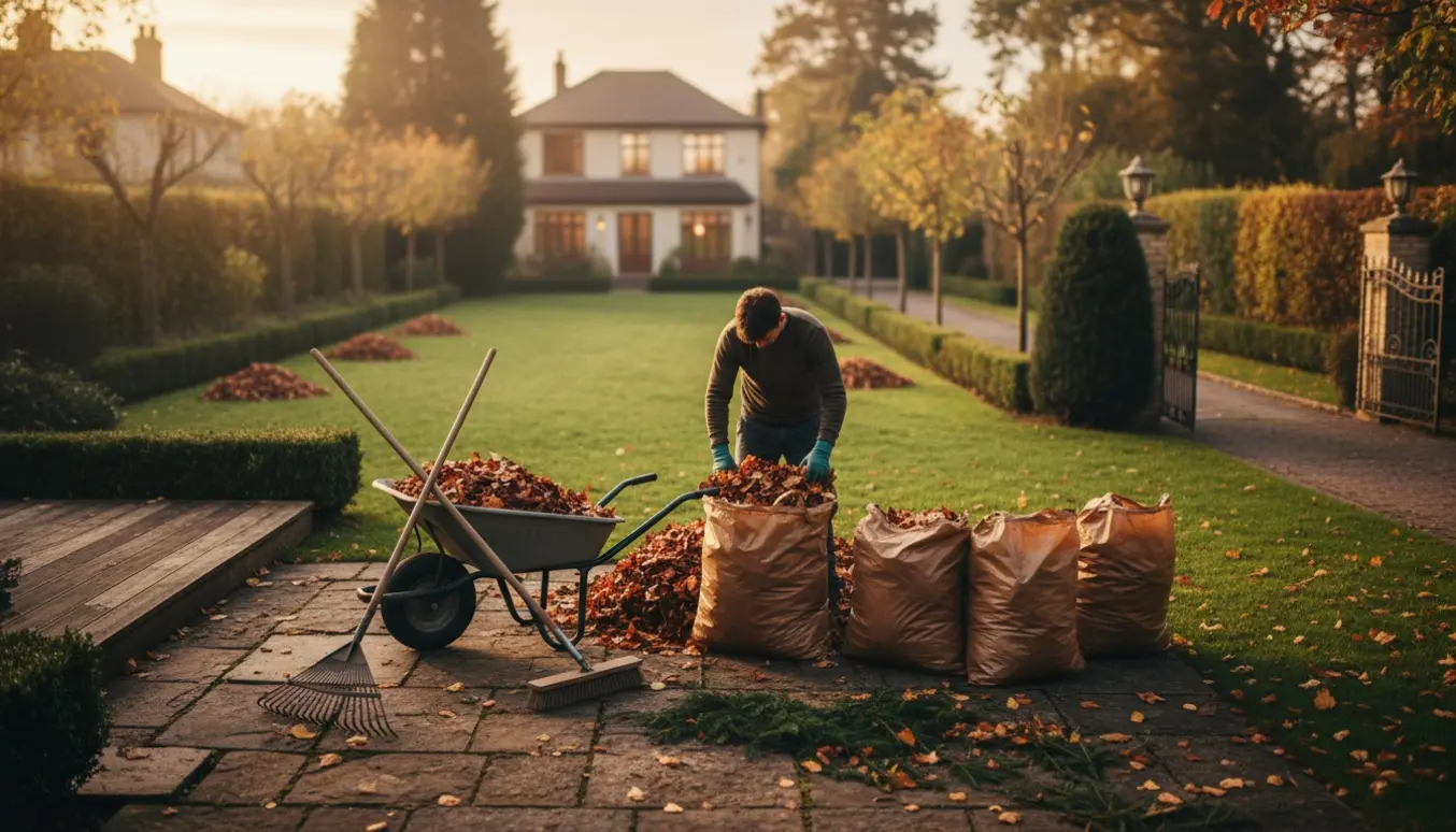 Stor have med rive, trillebør og bunker af blade på græs og terrasse klar til at blive samlet i sække.