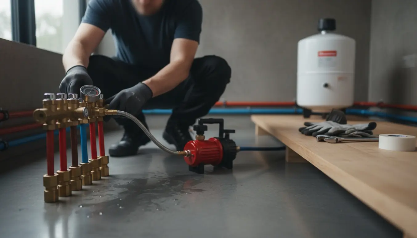 Tekniker tilslutter trykmåler til gulvvarmemanifold for trykprøvning, uden synlige ansigter.
