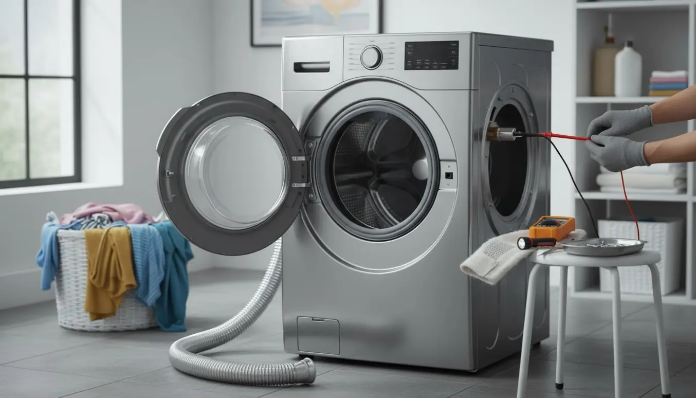 Fritstående kombivaskemaskine/tørretumbler med åbent filter og teknikerhænder, der tester varmesystemet med multimeter.