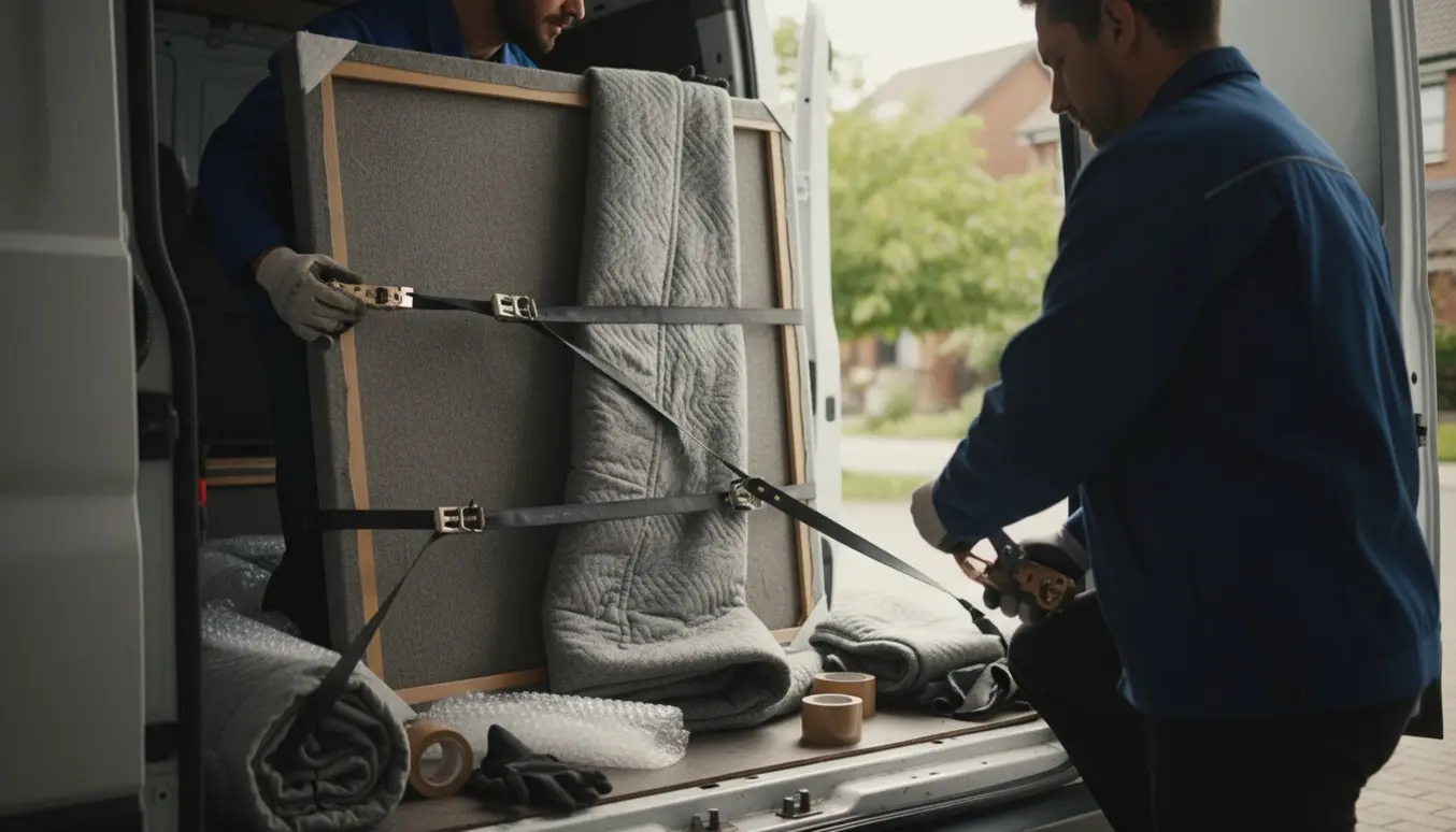 To personer sikrer et stort indrammet maleri indpakket i tæpper og fastgjort med stropper i bagenden af en varevogn.