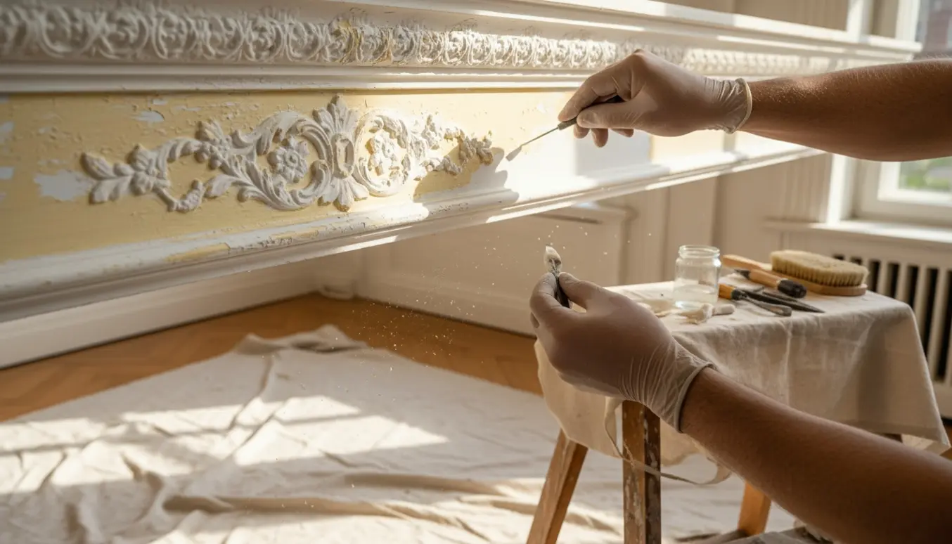 Nærbillede af handskerede hænder, der forsigtigt renser overmalet stuk i en lys stue, hvor original detaljer træder frem.