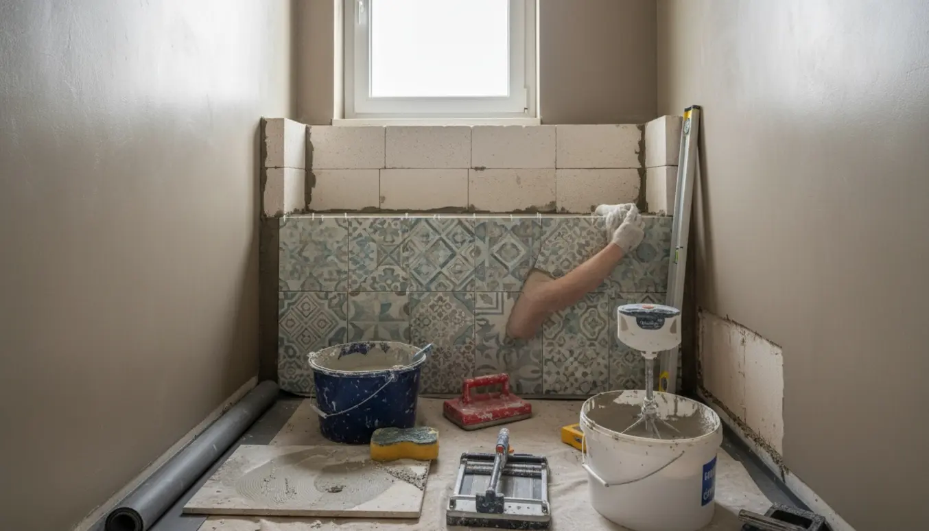 Lille badeværelse under renovering med muret gasbetonhylde, delvist opsatte dekorationsfliser og mikrocement på væggene.