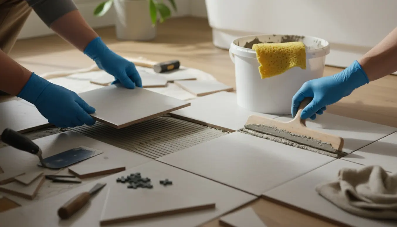 Nærbillede af hænder, der lægger en ny flise og fuge to badeværelsesgulvfliser i et lyst badeværelse.