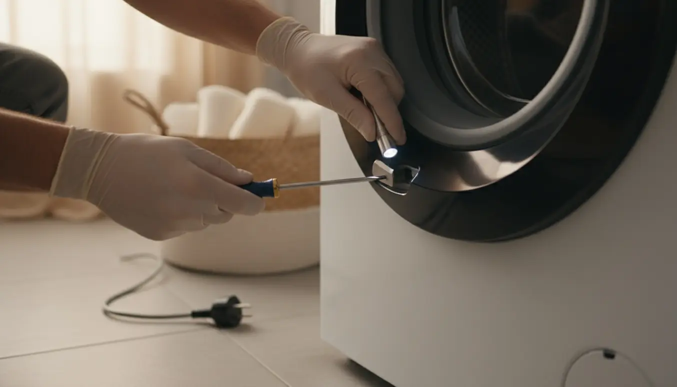 Handskerede hænder åbner en låst dør på en hvid frontbetjent Bosch-vaskemaskine i et lyst vaskerum.