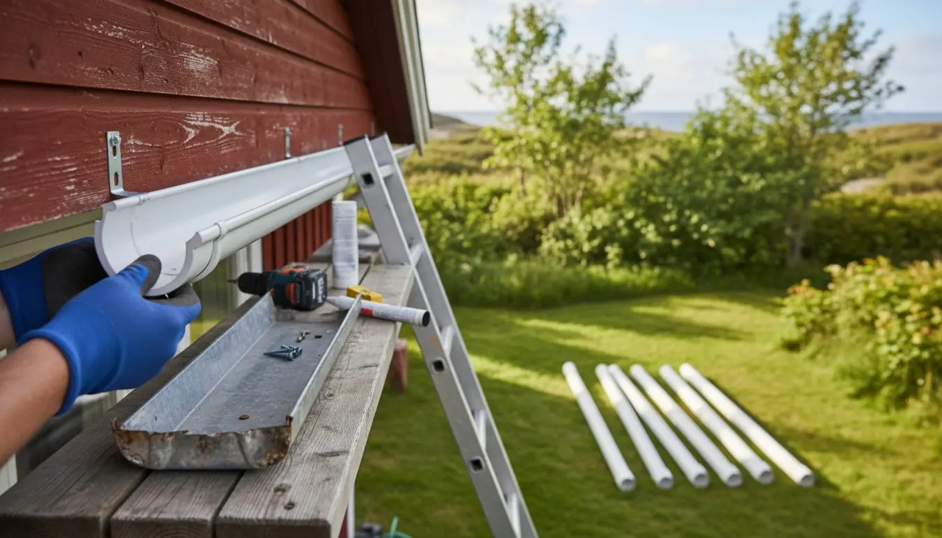 Håndværker monterer runde plasttagrender på et rødt sommerhus, med en gammel firkantet zinkrende ved siden af.