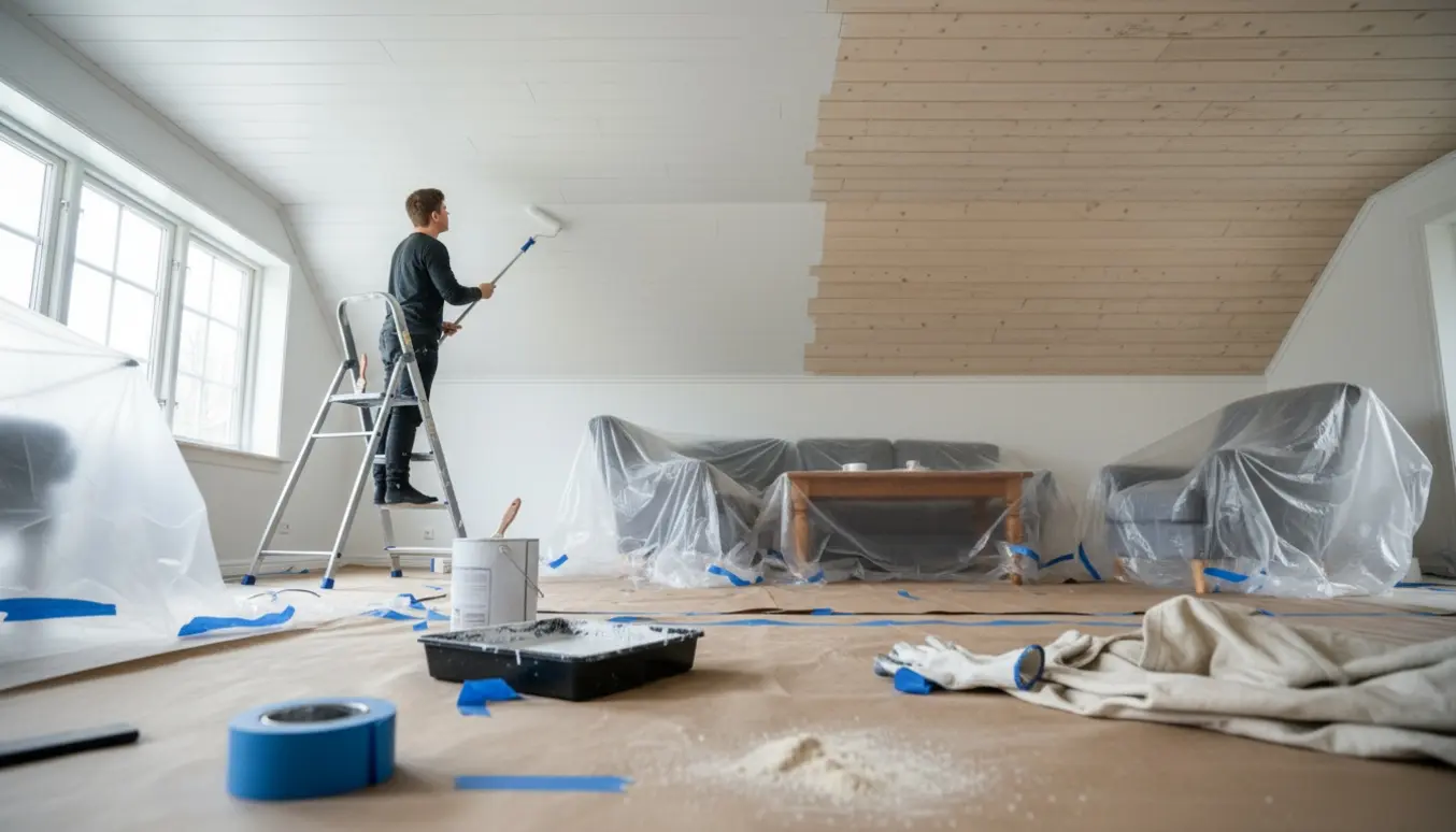 Delvist malet ludet profilloft i træ med afdækkede møbler og malerredskaber.