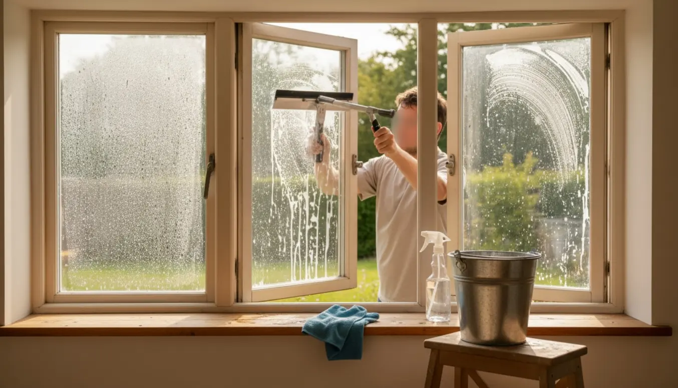 Indefra-perspektiv af en person, der pudser indadvendte vinduer med gummiskraber, spand og klud i et lyst rum.