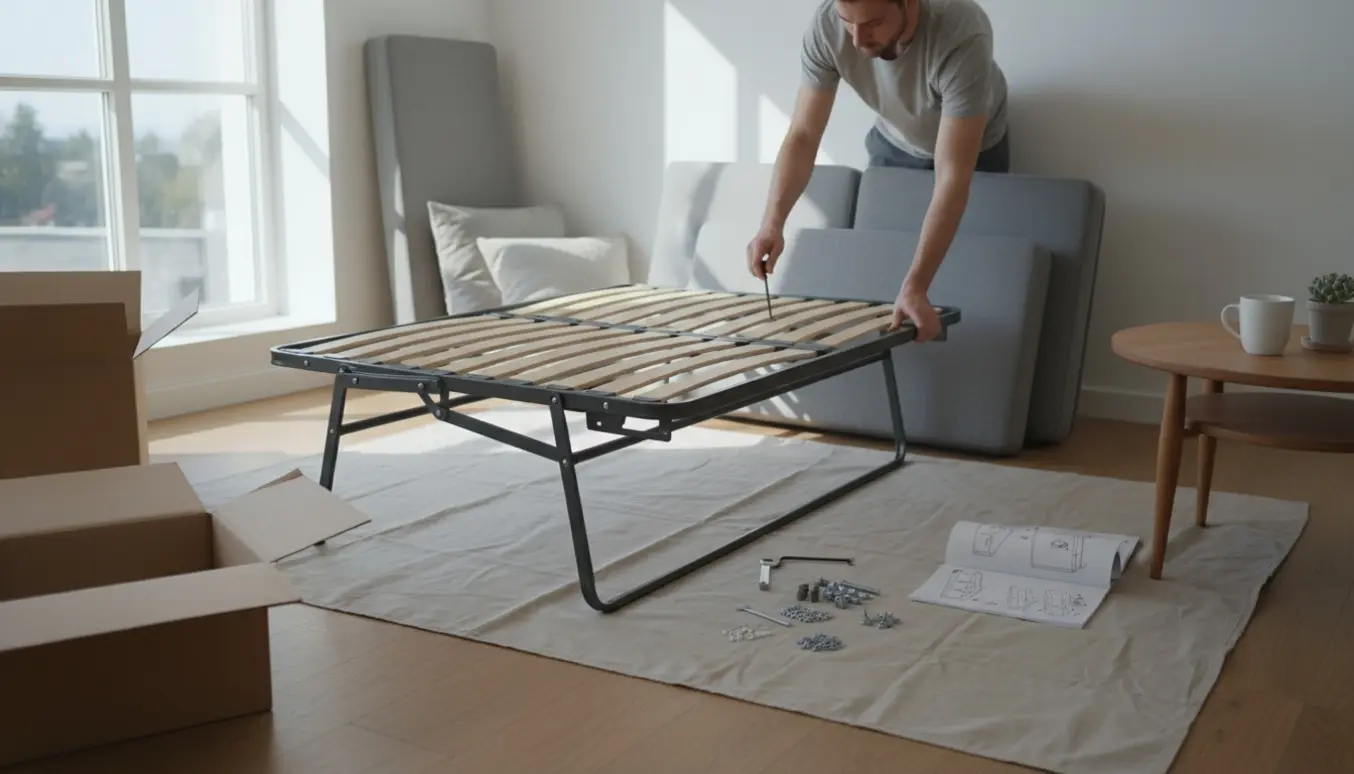 En person samler en fladpakket sovesofa i en lys, skandinavisk stue med værktøj og manual.