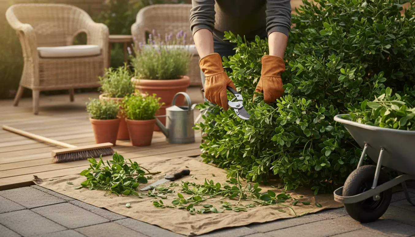 Hænder i havehandsker klipper buske og samler afklip på en terrasse.