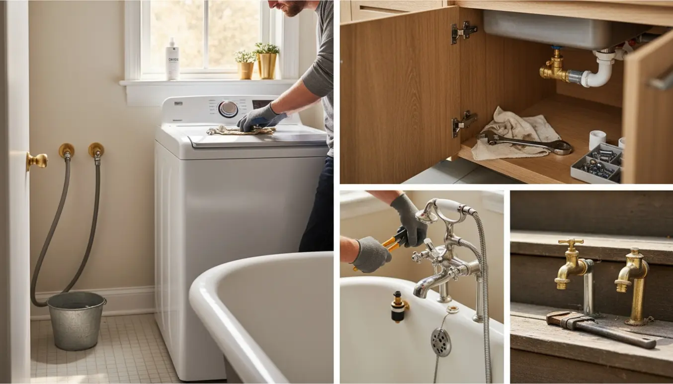 Udskiftning af fire vandhaner i hjemmet — vaskemaskine, køkken, badekar og udendørshan med værktøj og nye beslag.