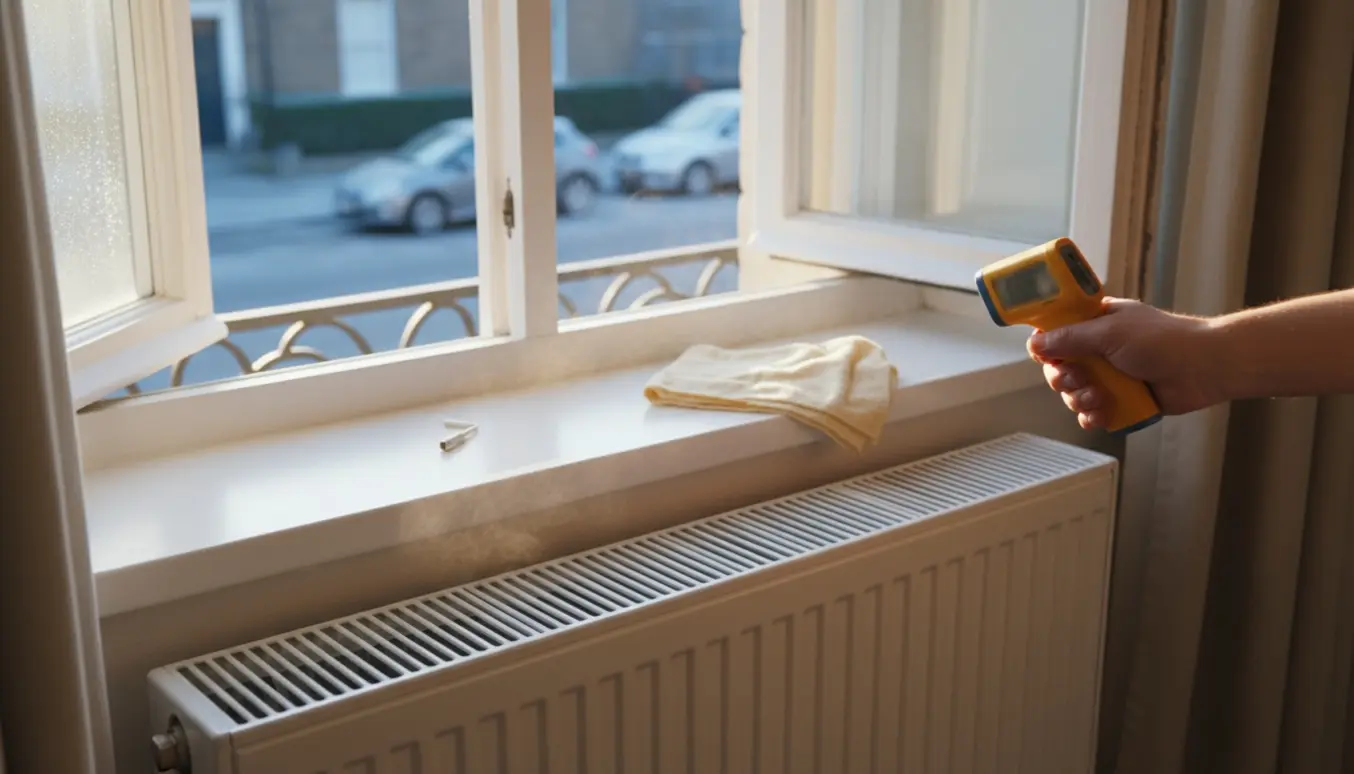 Et åbent vindue over en radiator, hvor varm luft stiger, selvom termostaten er slukket.