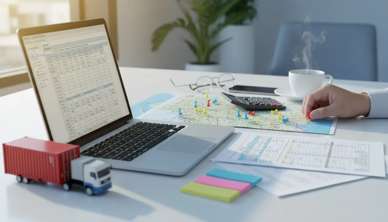 Skrivebord med laptop, utydelige tilbudsskabeloner, model-container og kort med farvede nåle, som viser prisfordeling efter postnummer.