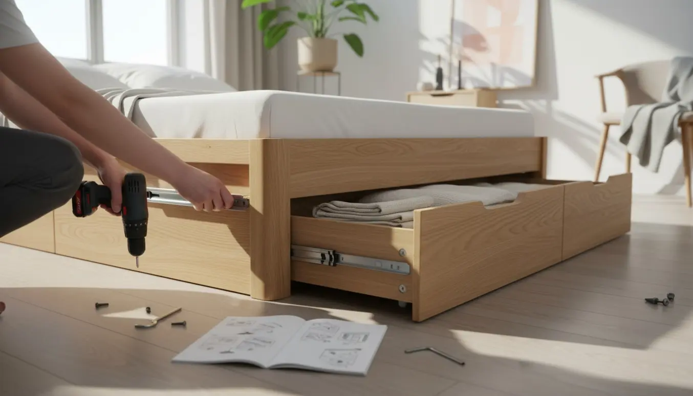 Hænder samler en seng med indbyggede skuffer i et lyst, ryddeligt soveværelse med værktøj og åbne skuffer.