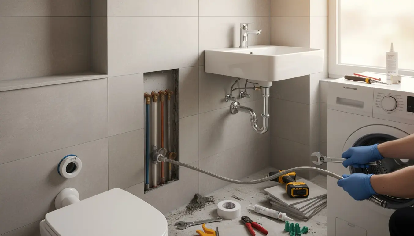 Badeværelse under renovering med bruseniche, åbent hul i væggen og hænder, der tilslutter nye vand- og afløbsrør.