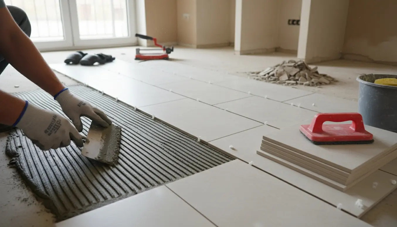 Hænder spreder fliseklæber mens nye 30x60 cm klinker lægges i et lille køkken og entre.