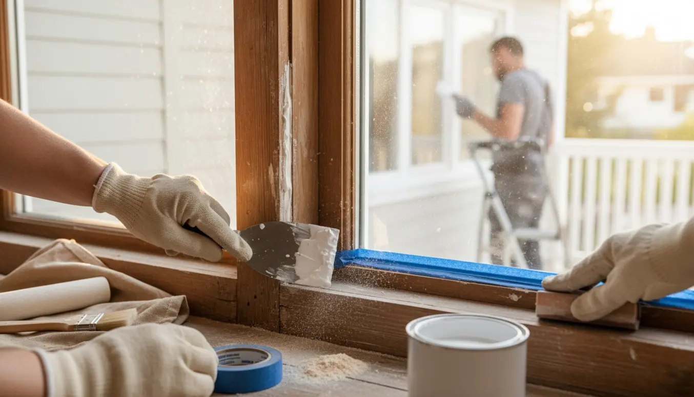 Nærbillede af en vinduesramme, hvor spartelmasse påføres og slibes inden maling, med værktøj og en stige udenfor.