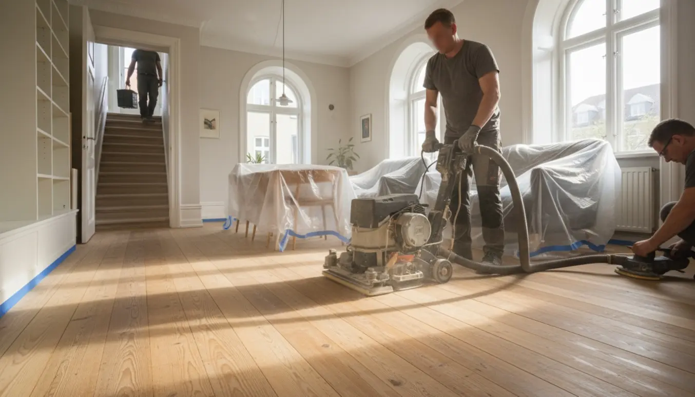 Delvist slebet trægulv i en Frederiksberg-lejlighed med gulvsliber, støvsuger og møbler dækket af plastik i blødt efterårslys.