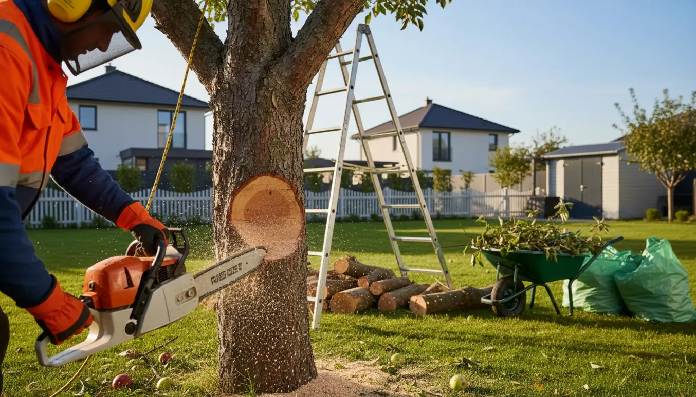 Æbletræ på cirka seks meter fældes i en have med stammer, kvas og trailer klar til bortskaffelse.