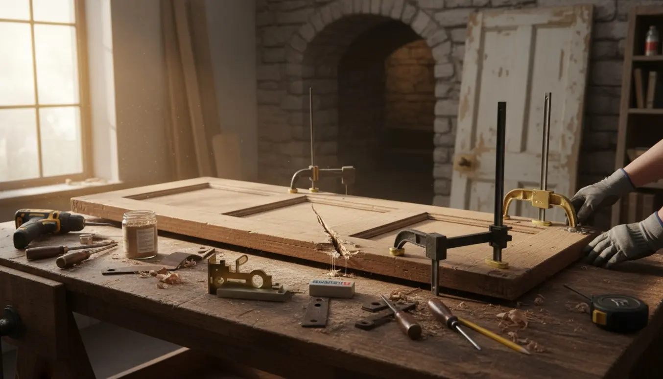 Gammel indendørs dør under reparation på et værkstedsbord med værktøj, låsemekanisme og reservedele i blødt dagslys.