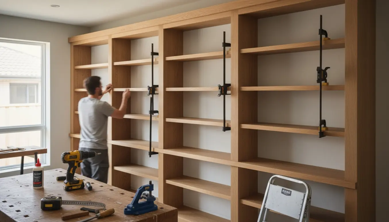 Håndværker monterer en indbygget bogreol på en stor væg med træplanker og værktøj i et lyst rum.