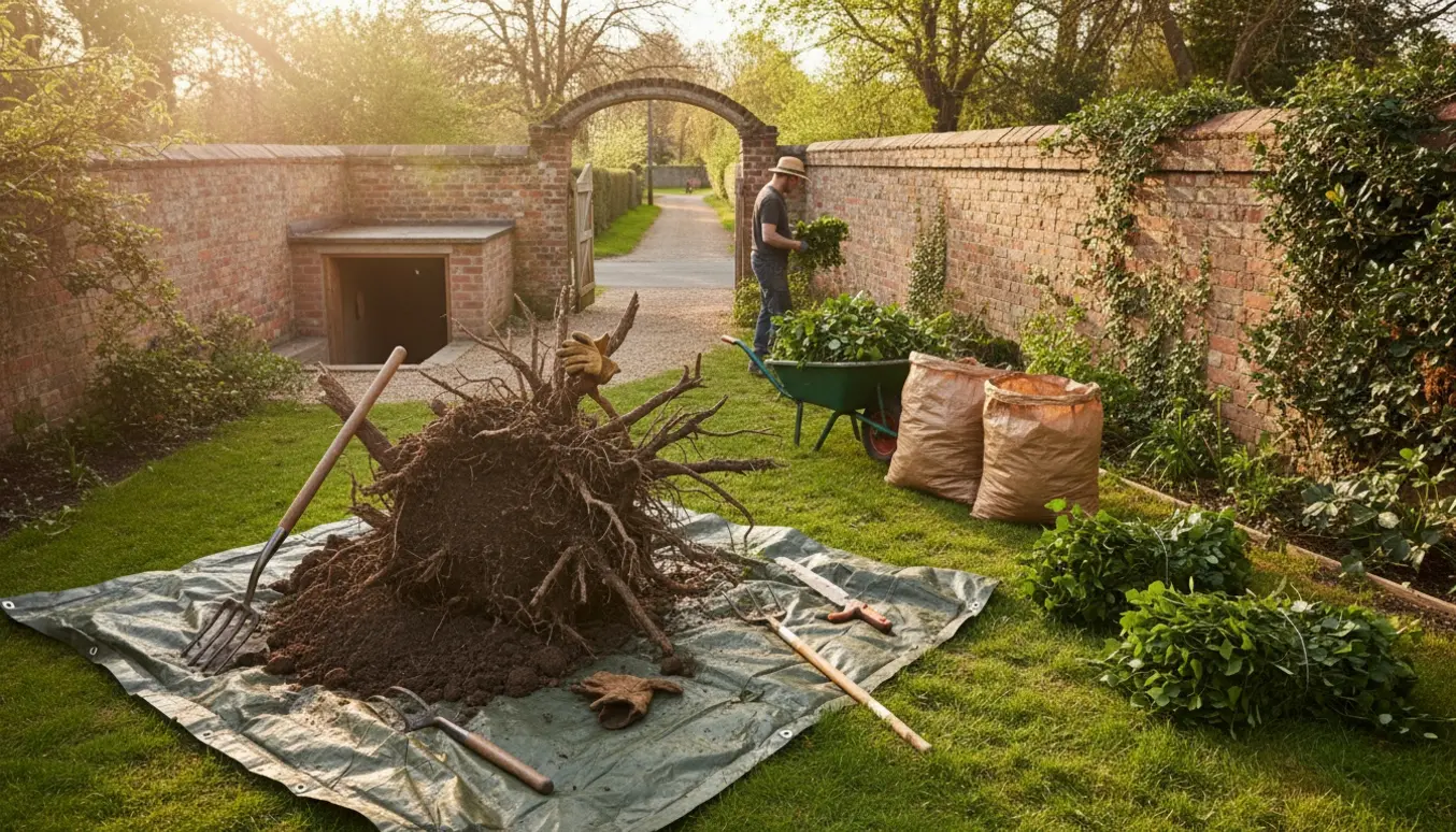 Opgravet busk med rodklump, beskåret efeu bundtet og trillebør klar til bortkørsel i en baghave.