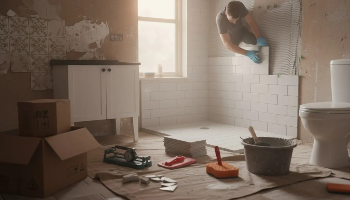 Halvfærdigt badeværelse med værktøj og en hånd, der lægger nye fliser i bruseområdet.