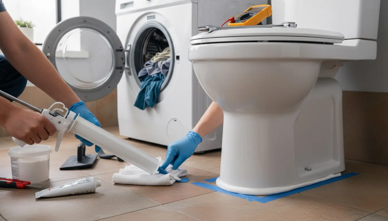 Nærbillede af hænder, der fuge et nyt toilet, mens en åben vaskemaskine med våde tøj inspiceres.