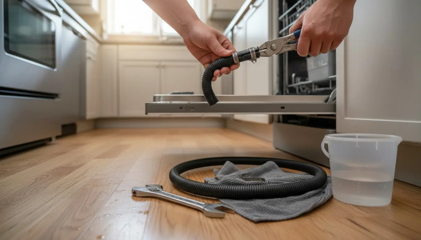 Hænder udskifter og reparerer en knækket afløbsslange under en åben opvaskemaskine i et moderne køkken.