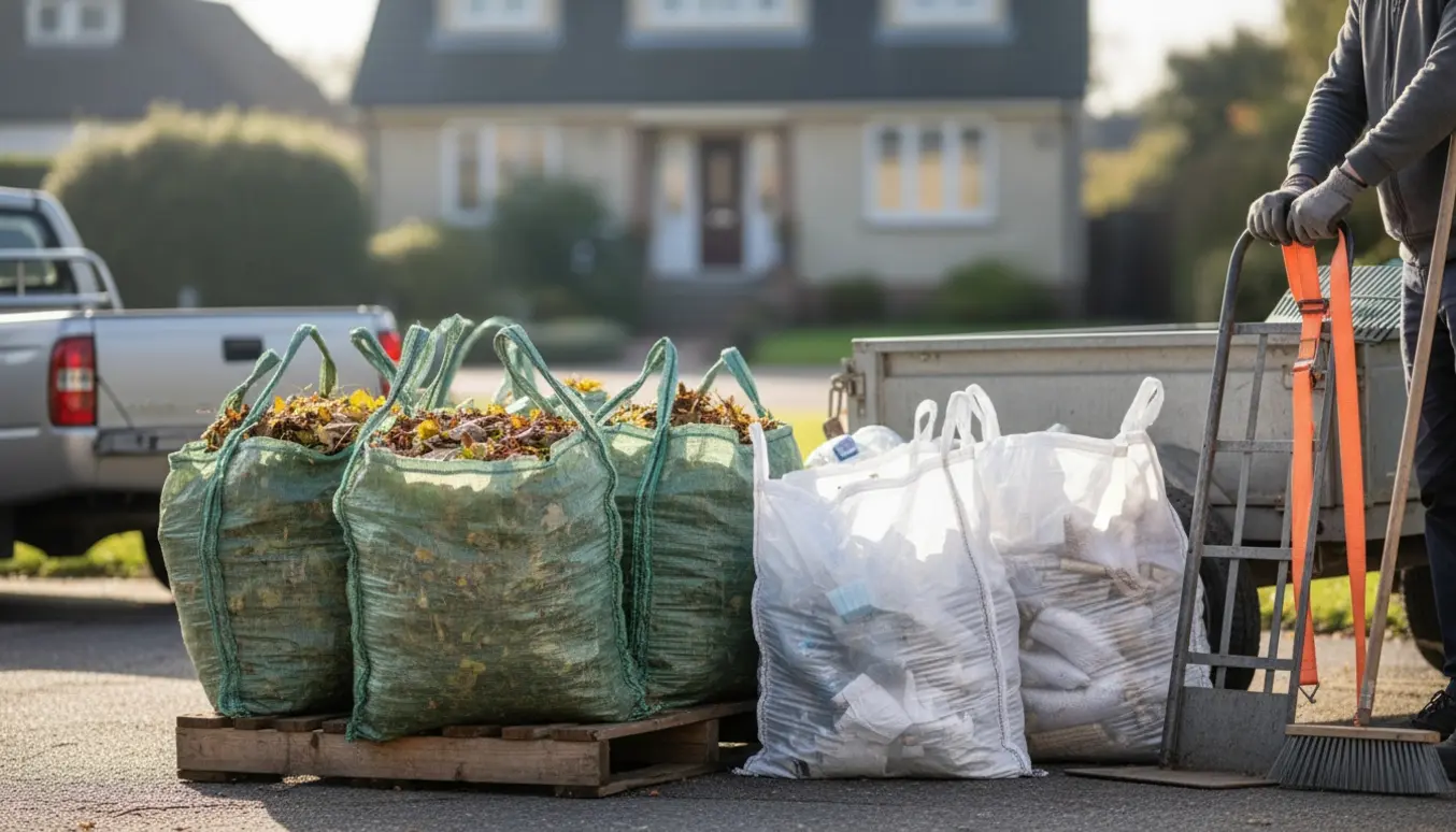 Flere big-bags med haveaffald, plastik og poser med defekte træpiller på palle ved indkørsel klar til bortkørsel.