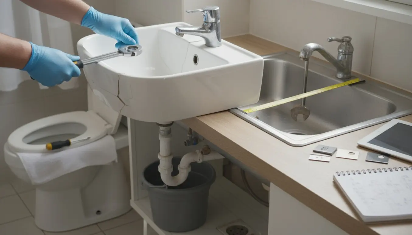Værktøj og hænder forbereder udskiftning af en sprækket håndvask, et toilet uden sæde og et gammelt køkkenarmatur.
