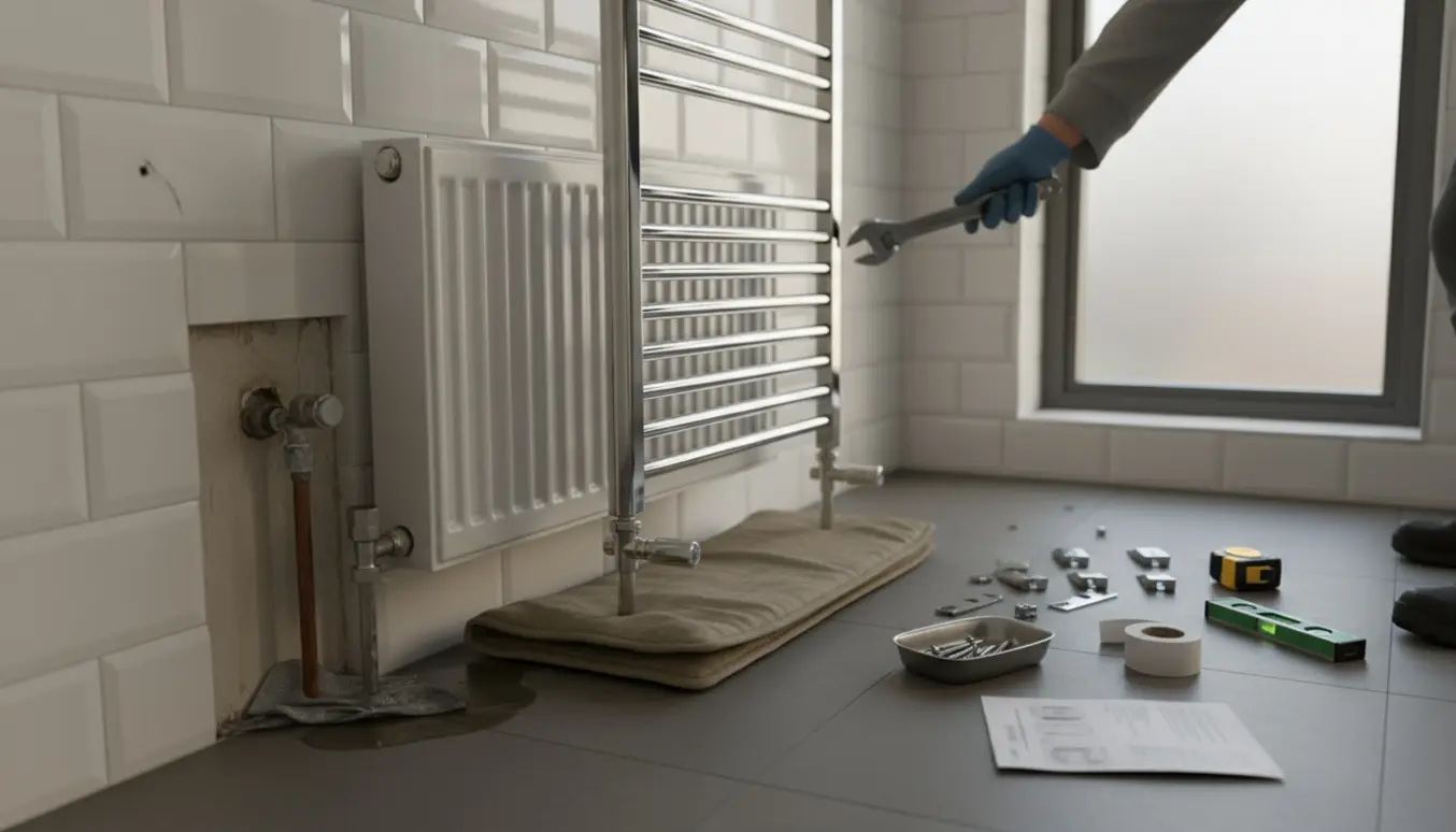 Udskiftning af en gammel badeværelsesradiator med en ny krom håndklæderadiator, synlige værktøjer og håndværkerens hænder.