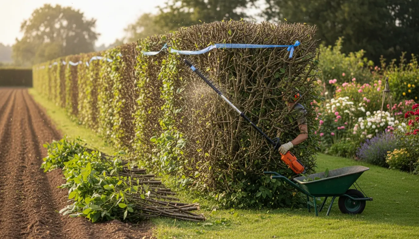 Nøddehegn klippes ned med stanghækkeklipper, nykappet top og bunker af grene ved heggets fod.