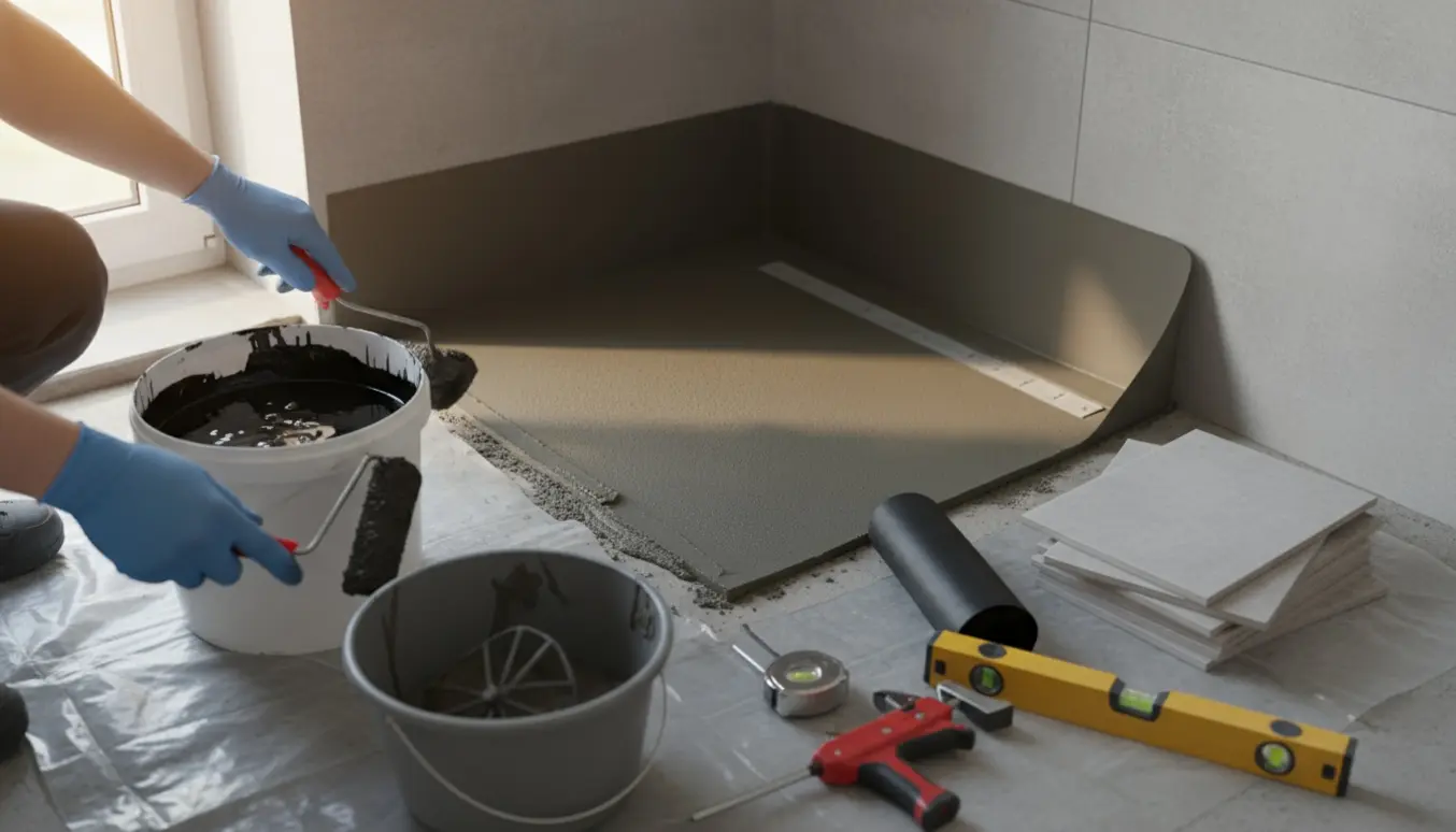 Vådrumsmembran påføres i et lille badeværelse, mens faldet i bruseområdet formes med en murerske.