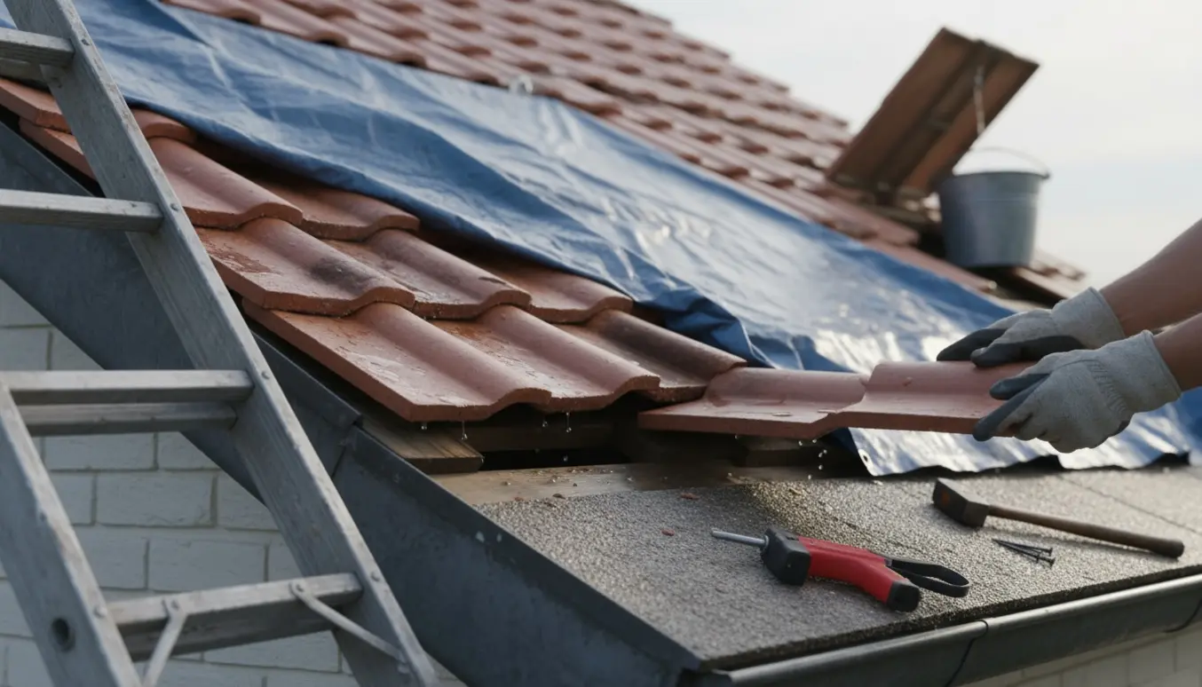 Utæt tag med forskudte tagsten, reparationsværktøj og en spand der opsamler vand.