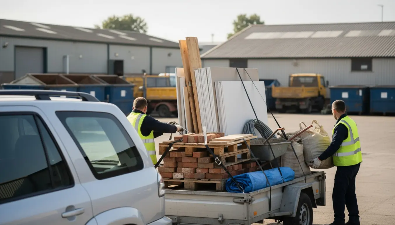 Bil med trailer læsset med sorteret byggeaffald ved en genbrugsstation, to personer binder lasten fast.