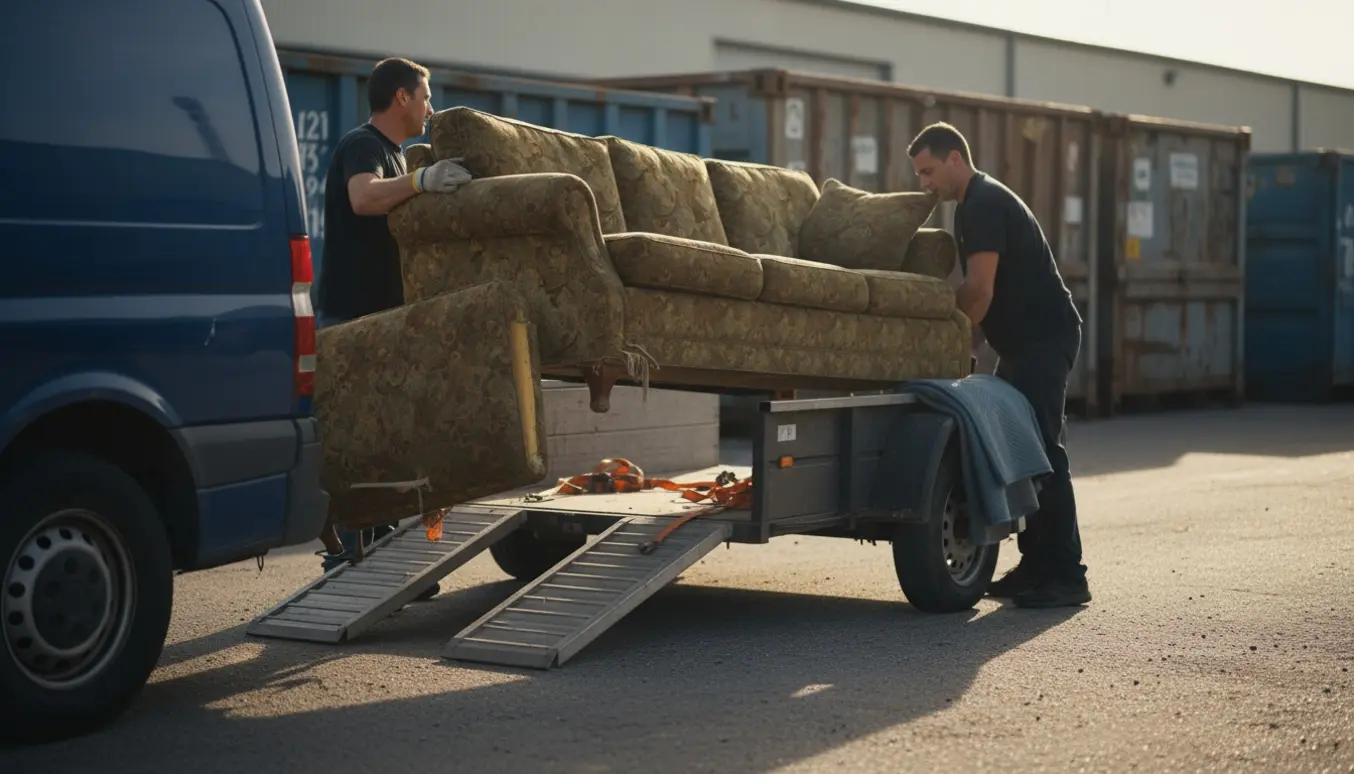 En sofa bliver båret op på en trailer ved en genbrugsstation, to personer hjælper med ansigter vendt væk.